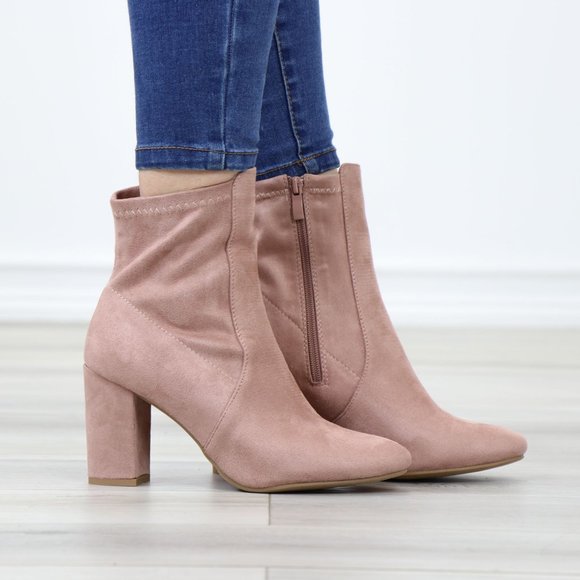 Pointed Toe Pink Faux Suede Block High Heel Above Ankle Boots - Picture 7 of 14